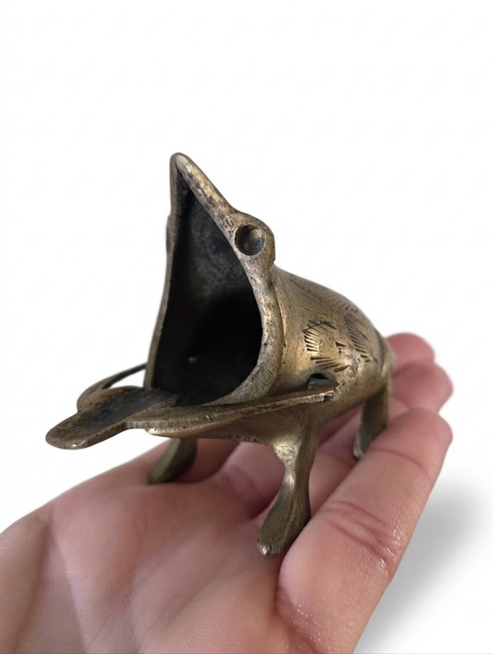 Vintage 1970s Made in India Brass Frog Figural Ashtray & Cigarette Holder - Boho